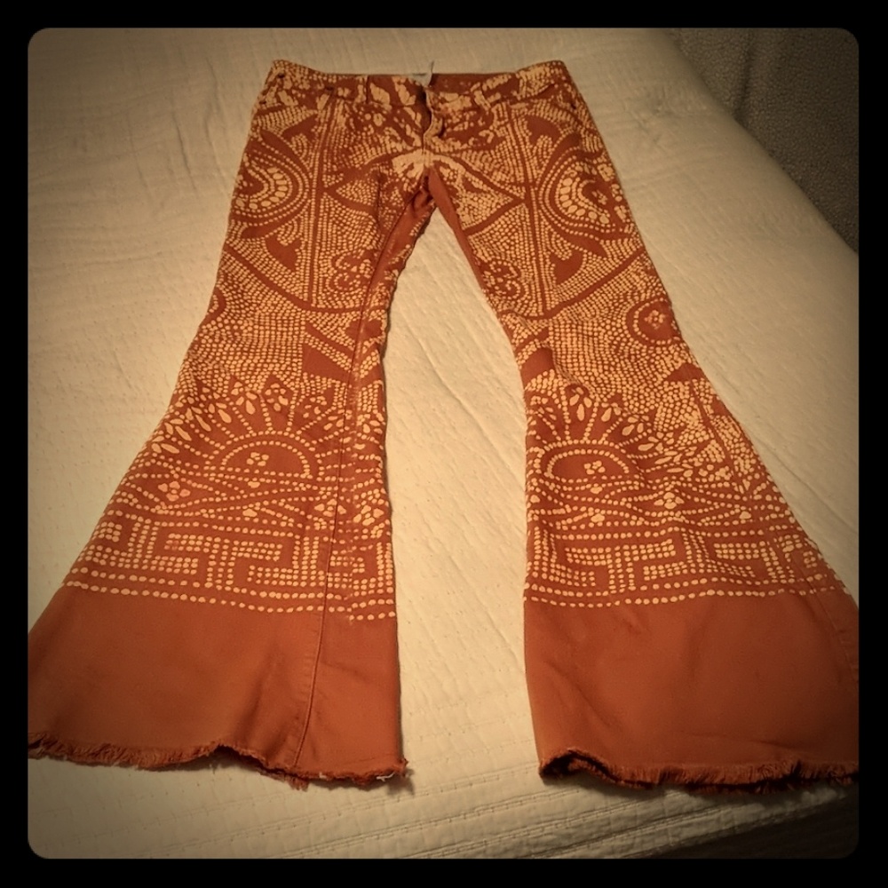 Free People flare jeans w Golden Aztec design
